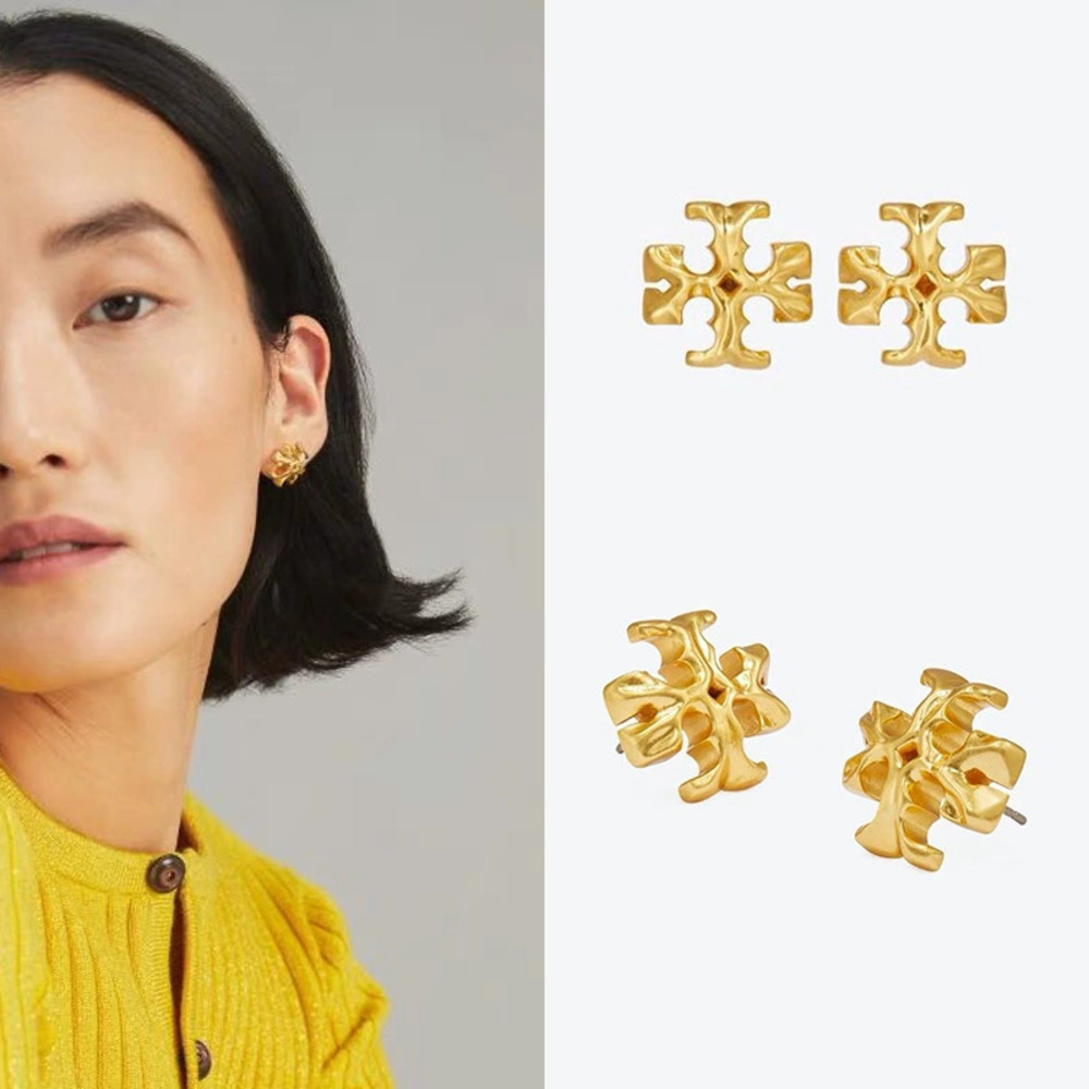 Tory Burch Gold Plated Matte Cross Logo Stud Earrings